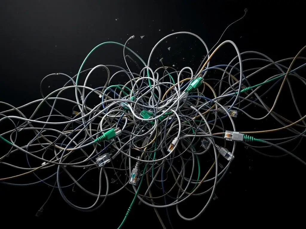 Verwarde netwerkkabels en ethernet-kabels in verschillende kleuren tegen zwarte achtergrond tonen kabelbeheerproblemen