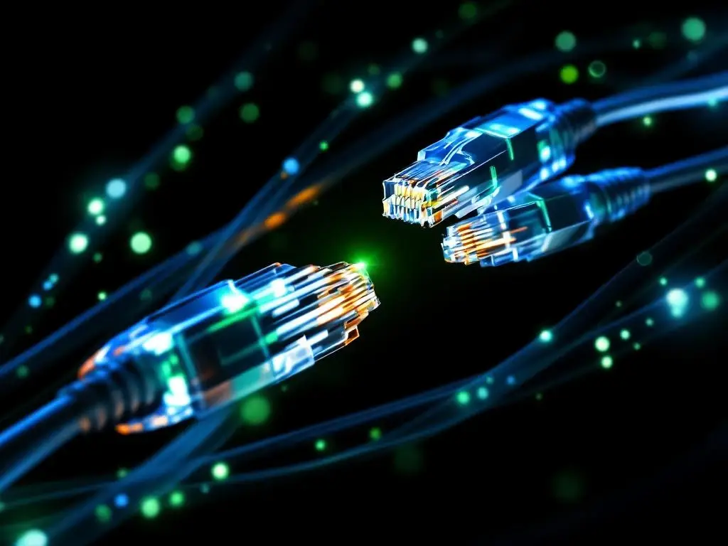 Netwerkbekabeling en glasvezelkabels met groene verlichting tegen zwarte achtergrond, RJ45-connectoren zichtbaar