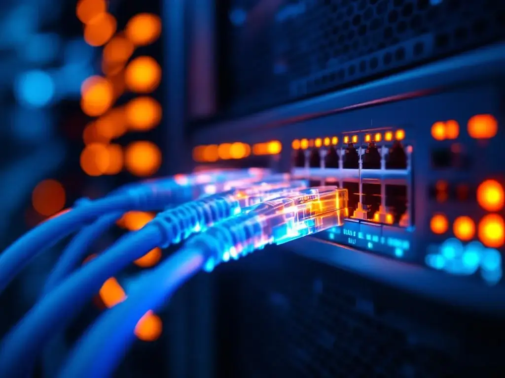 Glasvezelkabels en ethernetkabels aangesloten op netwerkswitch met verlichte LED-indicatoren in datacenter