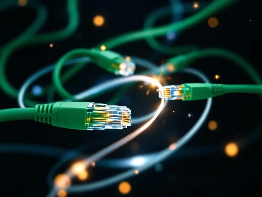 Groene ethernet kabels en witte glasvezelkabels in spiraalvorm tegen zwarte achtergrond, moderne netwerkinfrastructuur