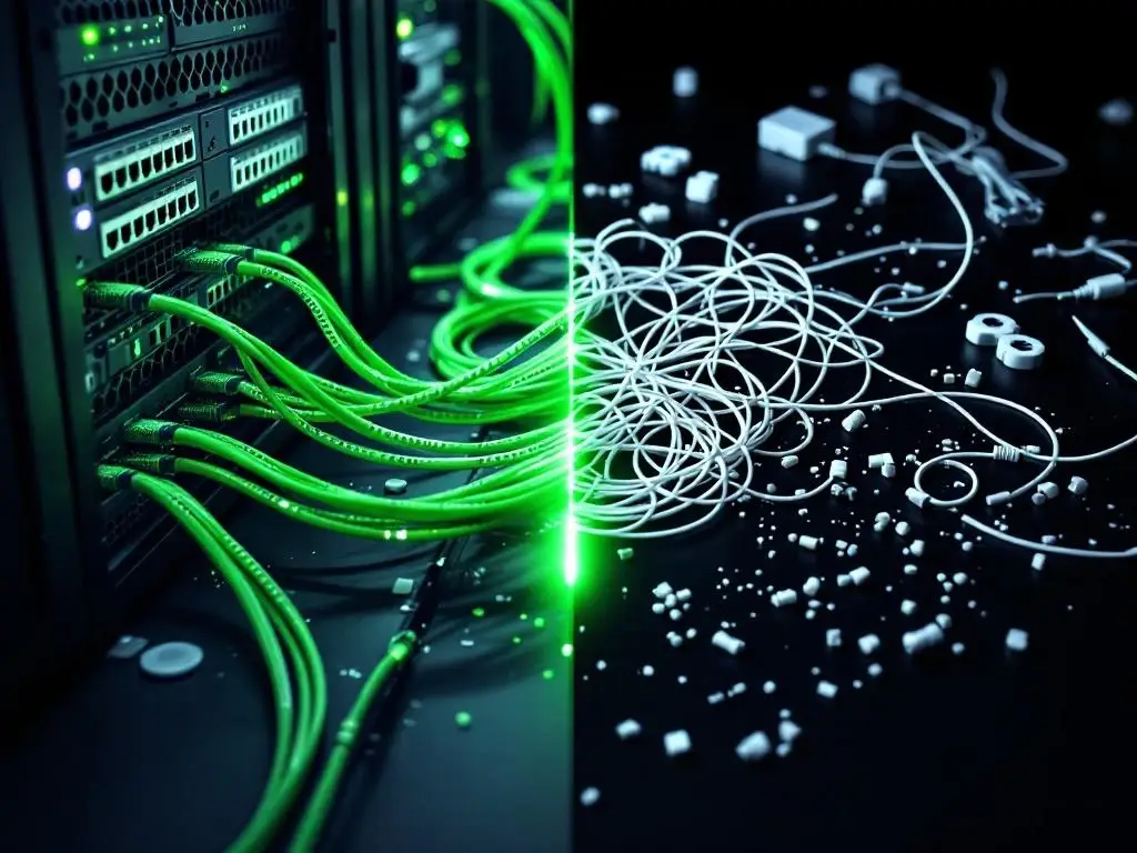 Professionele CAT6 kabelinstallatie met georganiseerde groene kabels tegenover rommelige DIY-bekabeling met verwarde draden