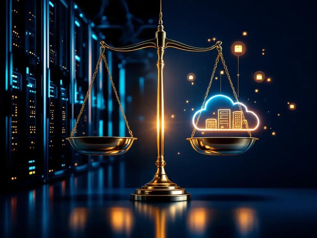 Gouden weegschaal vergelijkt serverruimte met netwerkkabels en cloud-infrastructuur met zwevende servericonen op blauwe achtergrond