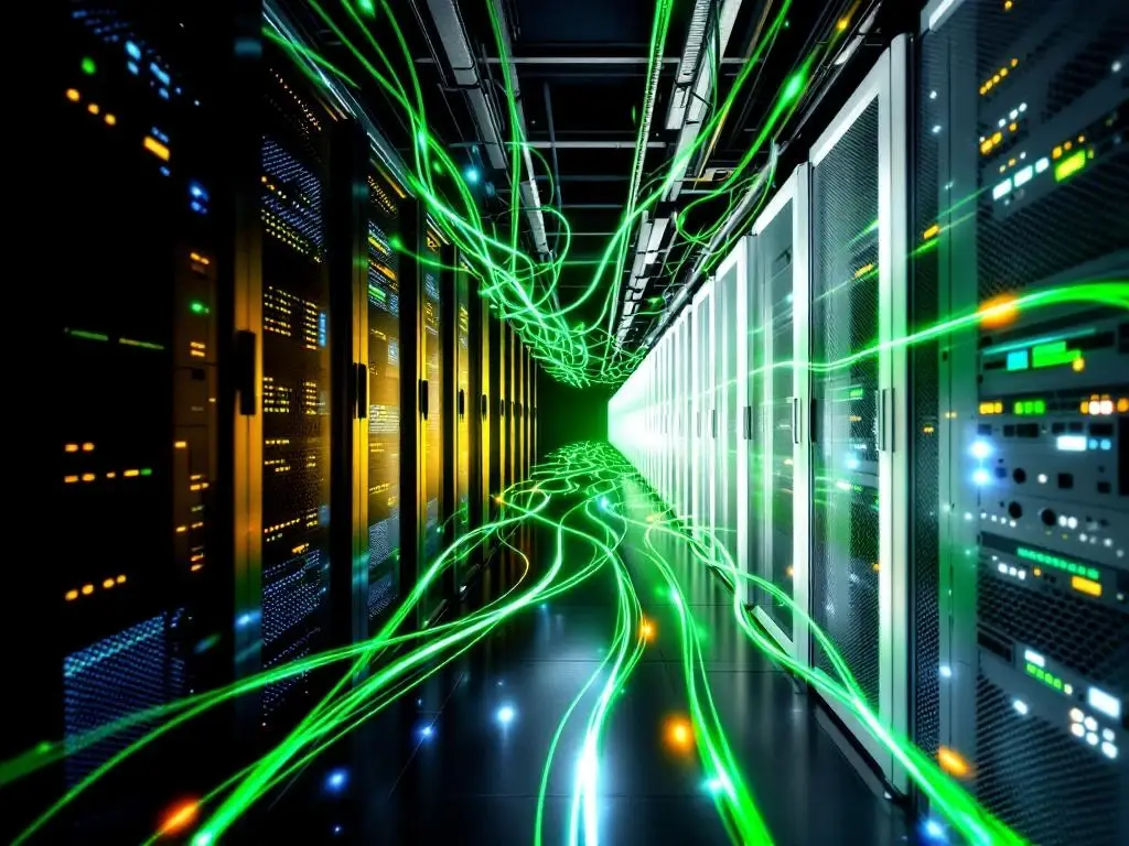 Serverruimte met zwarte racks die overgaan naar witte infrastructuur, verbonden door groene glasvezelkabels met datalicht