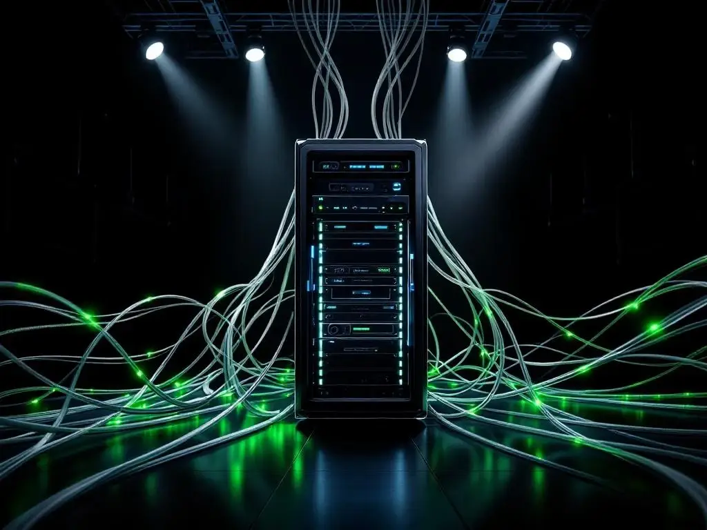 Moderne serverracks met glasvezelkabels en groene LED-verlichting in professioneel datacenter