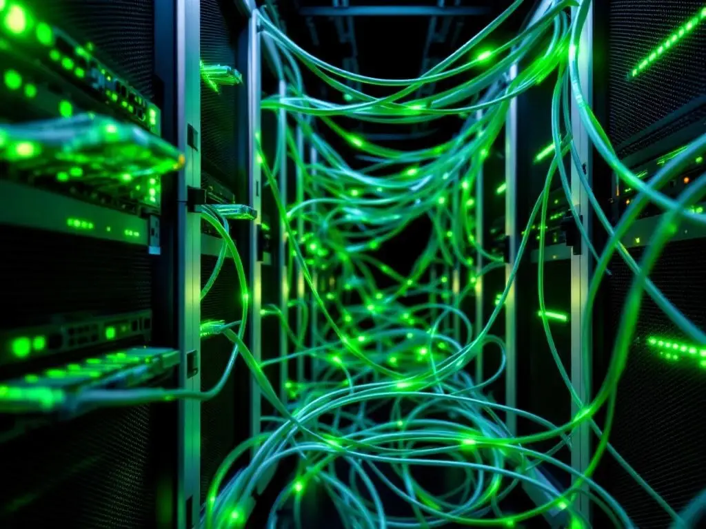 Serverruimte met georganiseerde groene en witte CAT6-kabels tussen witte serverracks met LED-verlichting op zwarte achtergrond