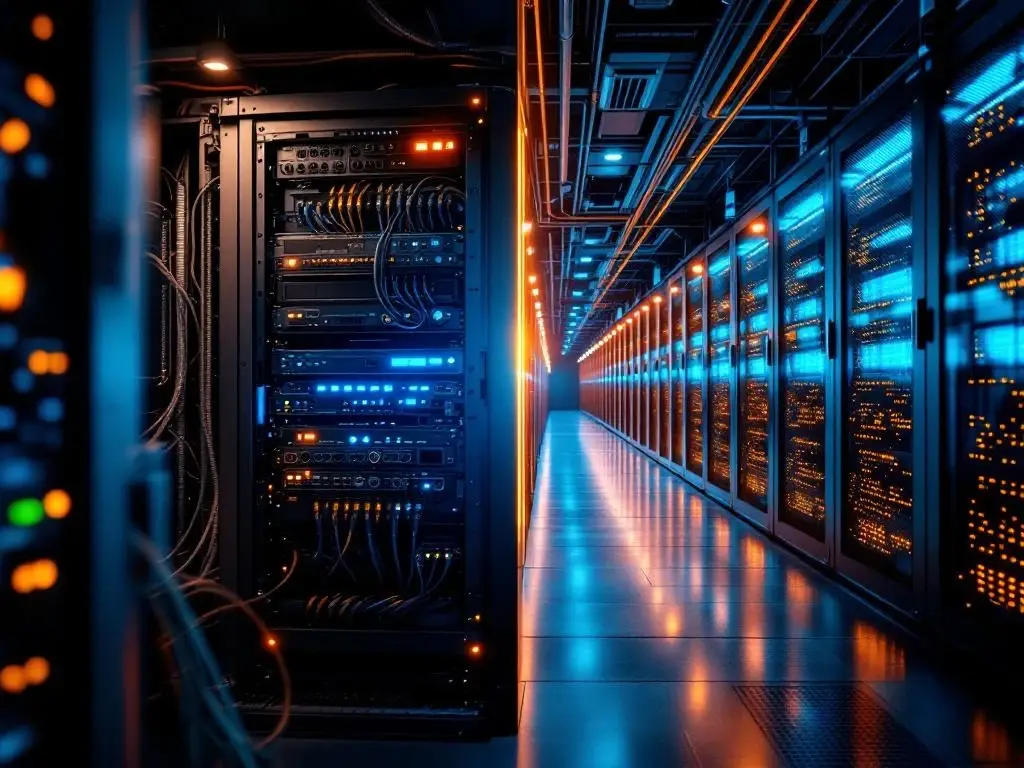 Vergelijking van kleine kantoorserverruimte met grote datacenterhal met verlichte servercabines en glasvezelkabels