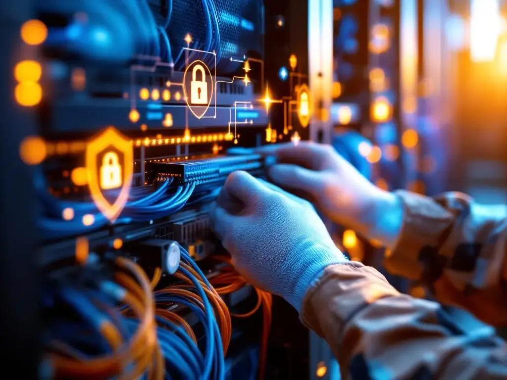 Technicus installeert beveiligde netwerkbekabeling in moderne serverruimte met glasvezelkabels en cybersecurity-symbolen