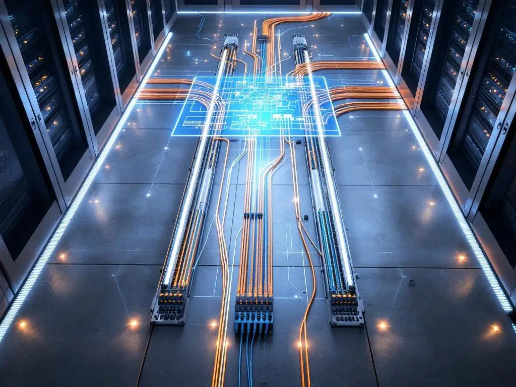 Moderne serverruimte in aanbouw met koperen kabels, glasvezel en holografische blauwdruk vanuit bovenaanzicht