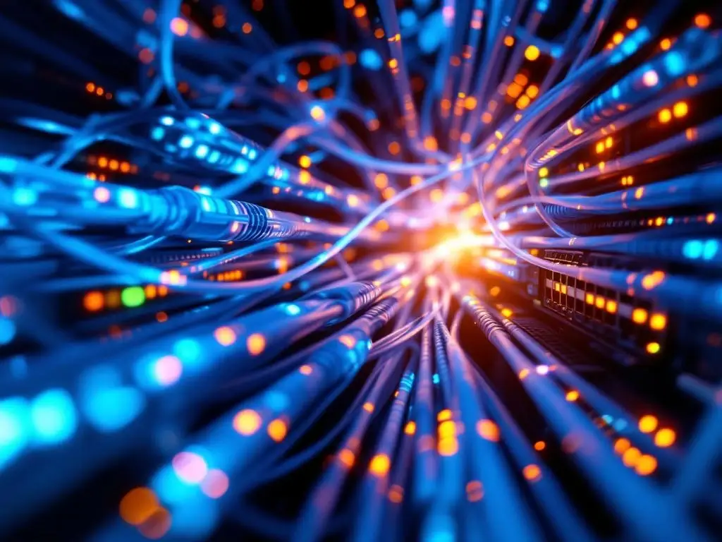 Luchtfoto van moderne serverruimte met verlichte glasvezelkabels en netwerkschakelaars in blauw en oranje tinten