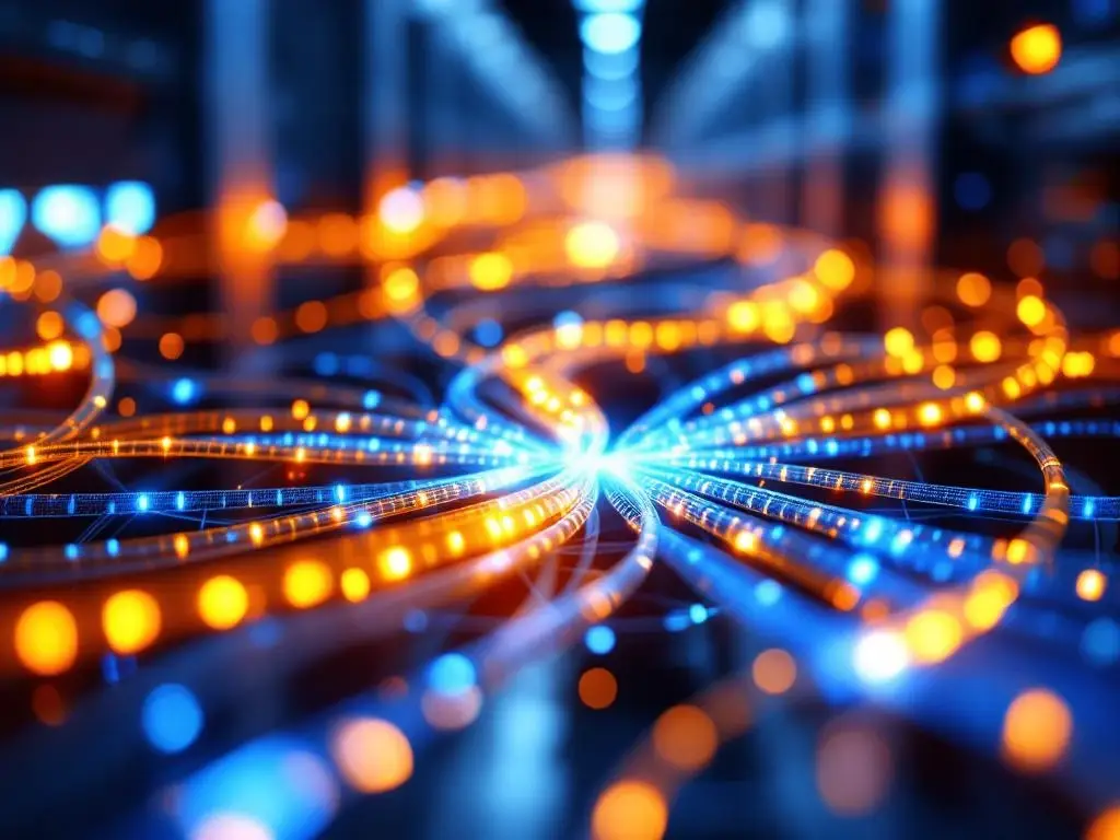 Serverruimte met blauwe glasvezelkabels en koperen netwerkkabels die samen op kabelgoten zijn geïntegreerd