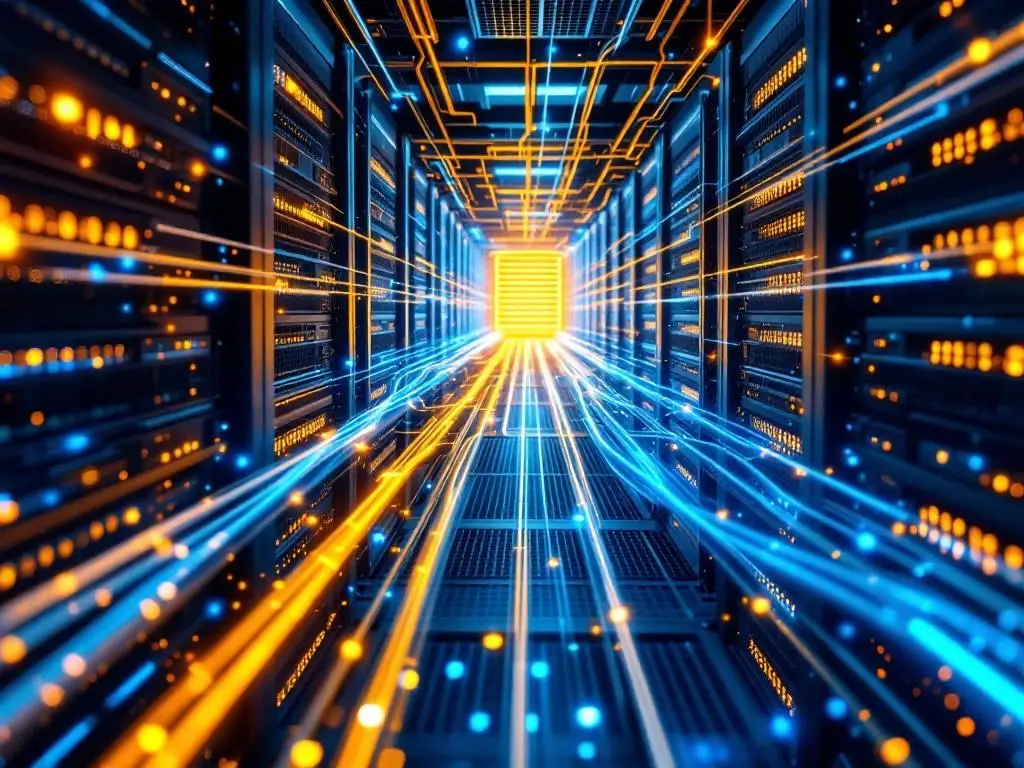 Moderne serverruimte met verlichte glasvezelkabels en netwerkinfrastructuur in blauw en goud licht vanuit vogelperspectief