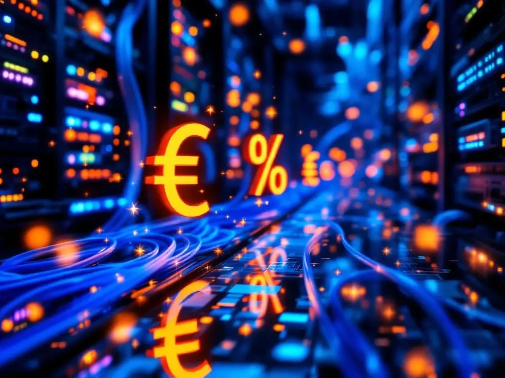Serverruimte met glasvezelkabels en holografische euro-symbolen die telecommunicatie-infrastructuurkosten tonen