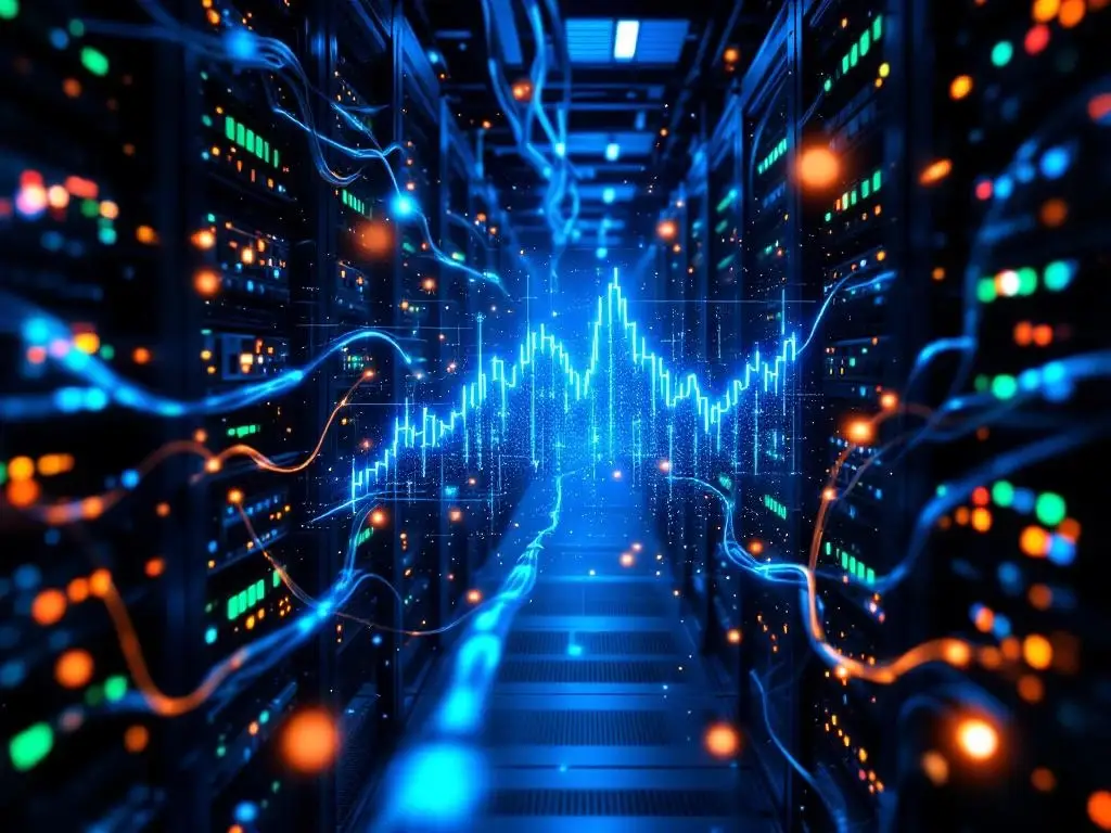 Serverruimte met verlichte glasvezelkabels en holografische kostengrafiek boven netwerkswitch en serverracks