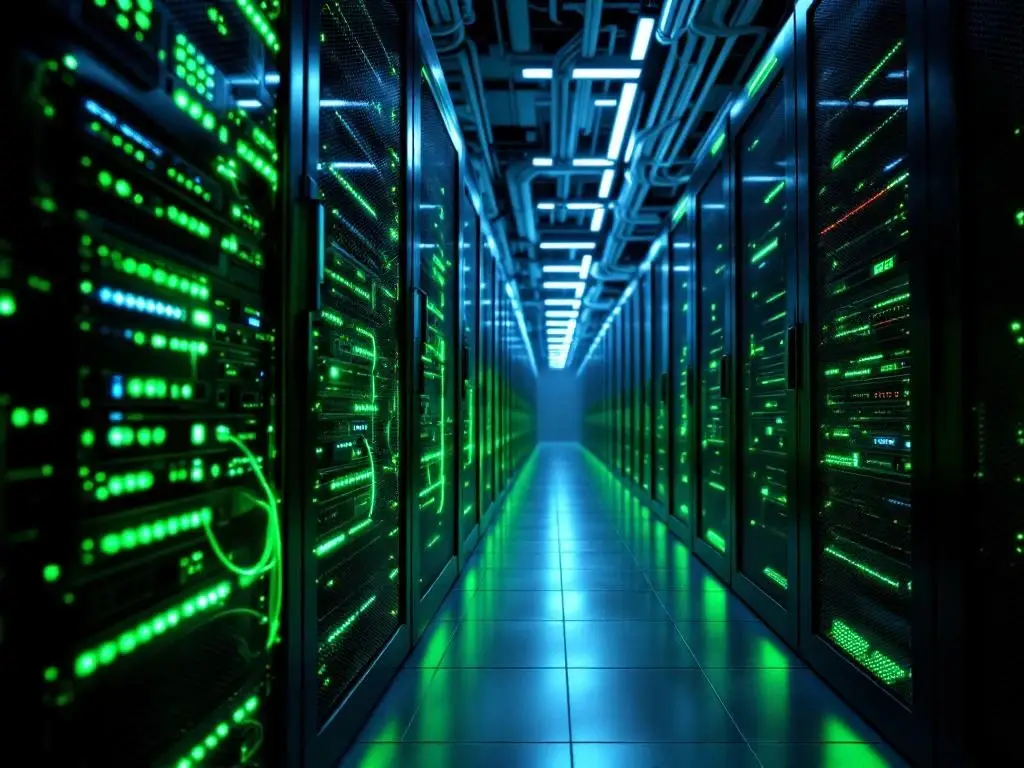 Moderne serverruimte met zwarte serverkasten, groene LED-verlichting en glasvezelkabels in datacenter infrastructuur