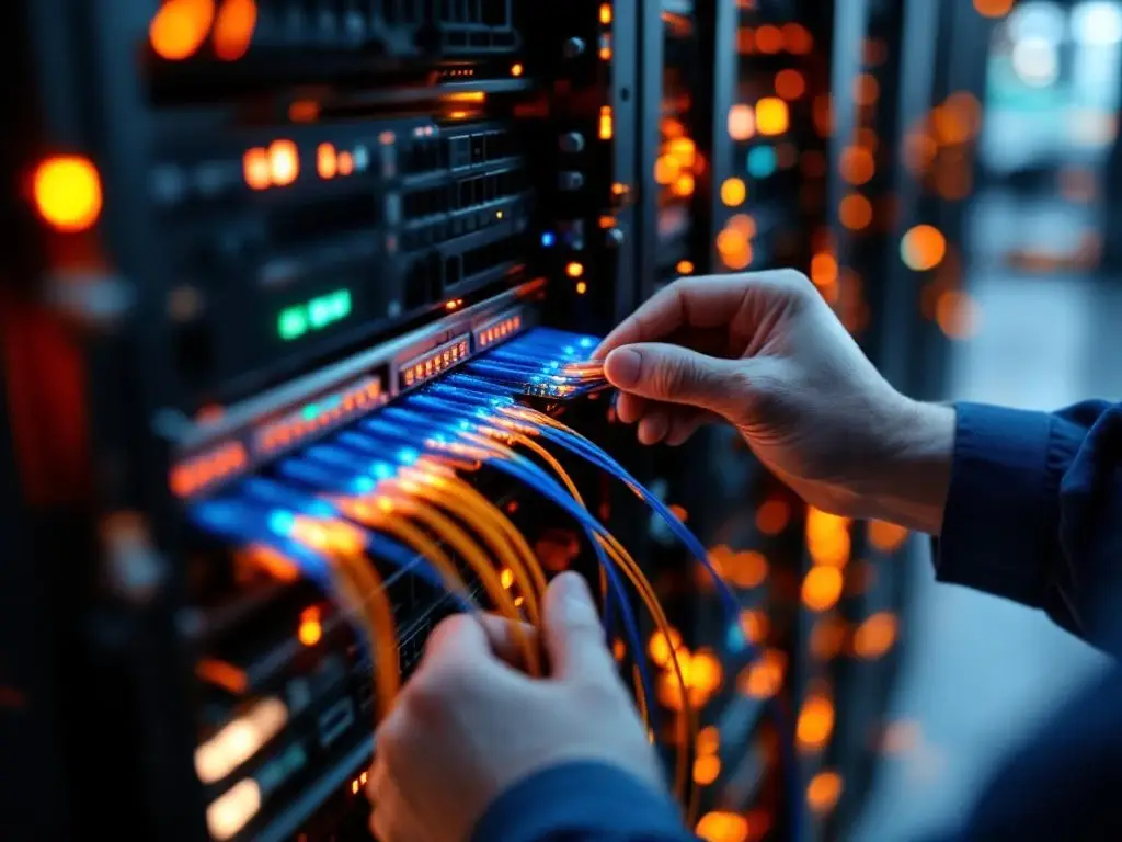 Technicus installeert glasvezelkabels in serverrack met blauwe en oranje lichtsporen in datacenter