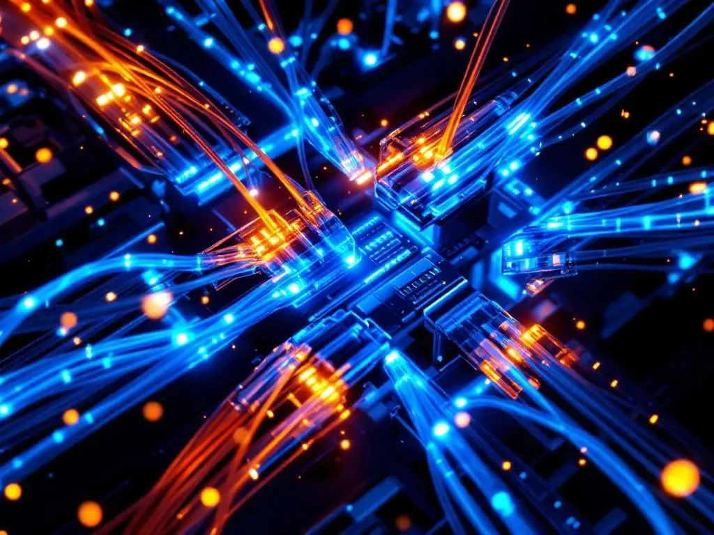 Verlichte glasvezelkabels en netwerk infrastructuur in geometrisch patroon met blauwe en oranje lichtpulsen