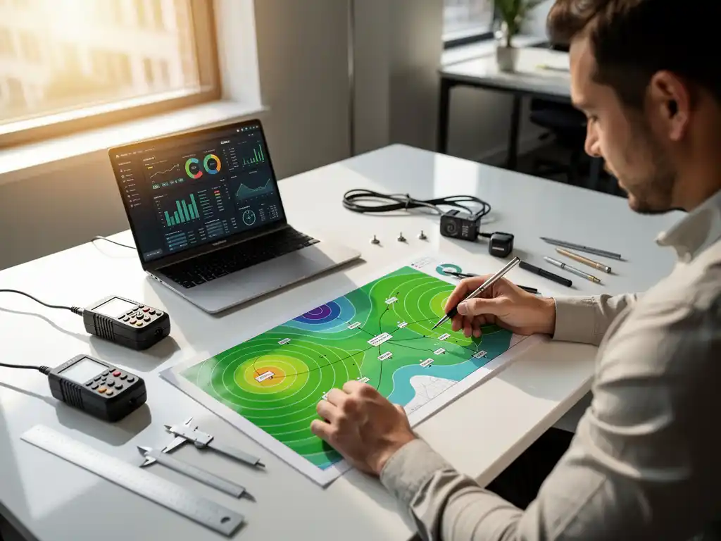Netwerkengineer bestudeert draadloze dekkingsheatmap met groene signaalsterkte-indicatoren op wit bureau met laptop