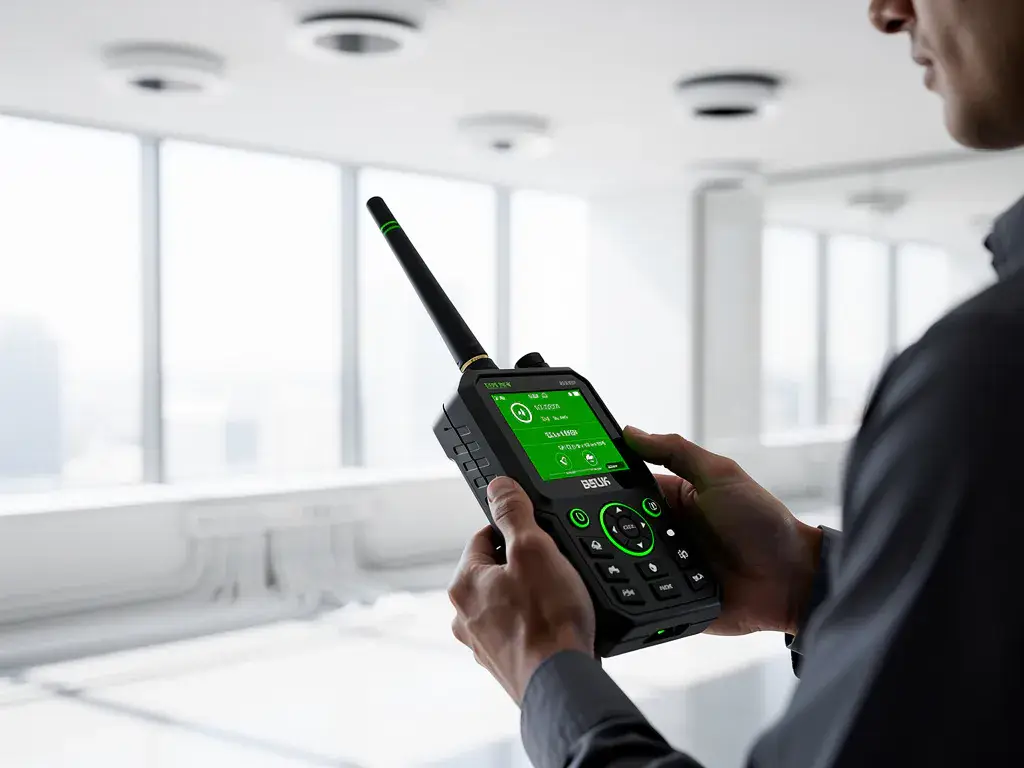 Technicus met draadloze signaalanalysator controleert netwerkverbindingen in moderne kantoorruimte