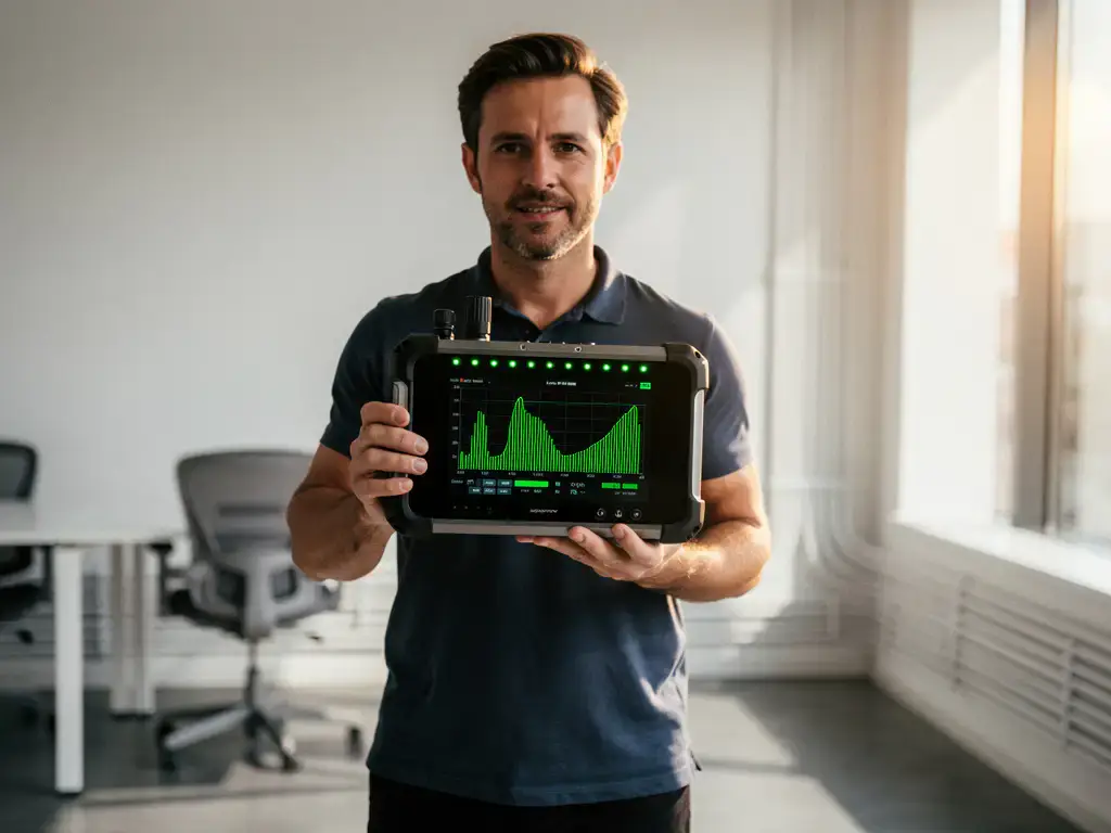 Technicus houdt draadloze signaalanalyzer met groene LED-indicatoren in modern kantoor met kabelmanagement