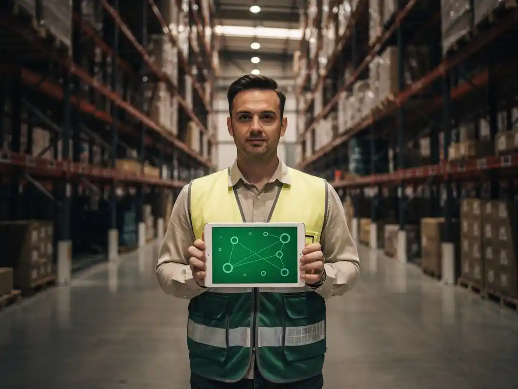 Magazijnmedewerker met witte tablet toont groene netwerkkaart in moderne distributiecentrum met hoge metalen stellingen