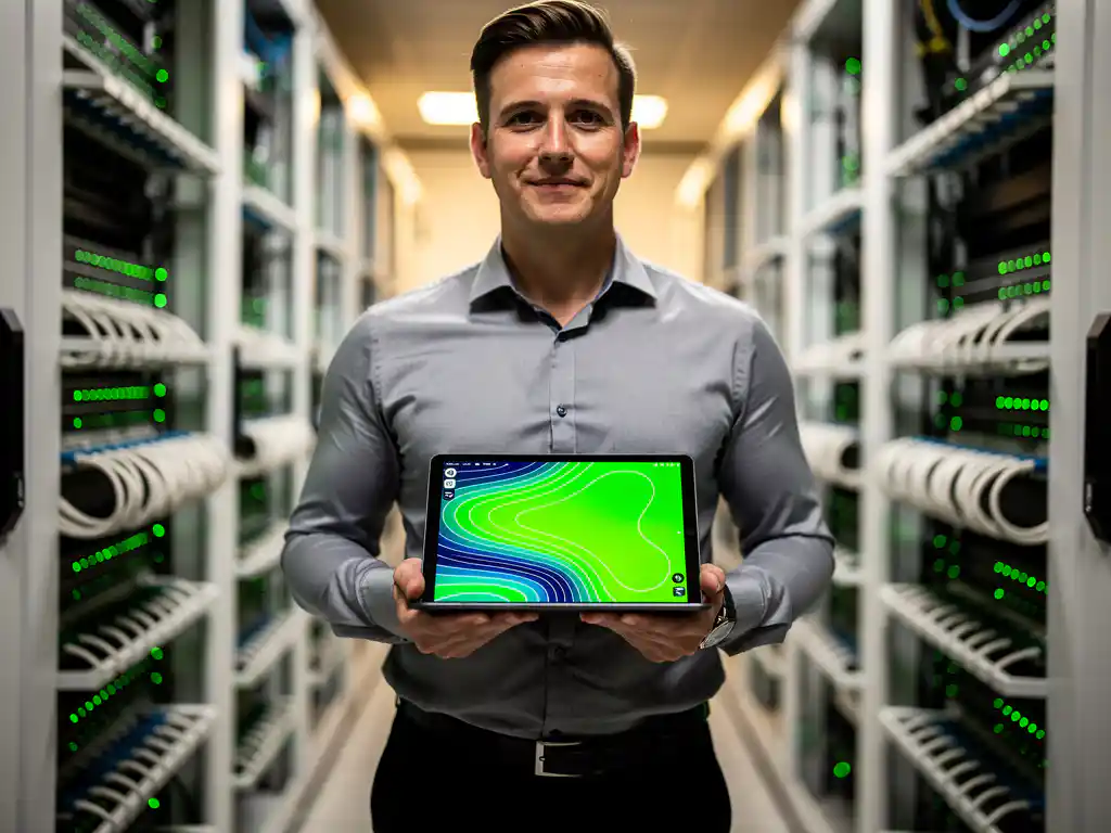 Netwerkingenieur houdt tablet met kleurrijke draadloze signaalpatronen in moderne serverruimte met groene netwerkapparatuur