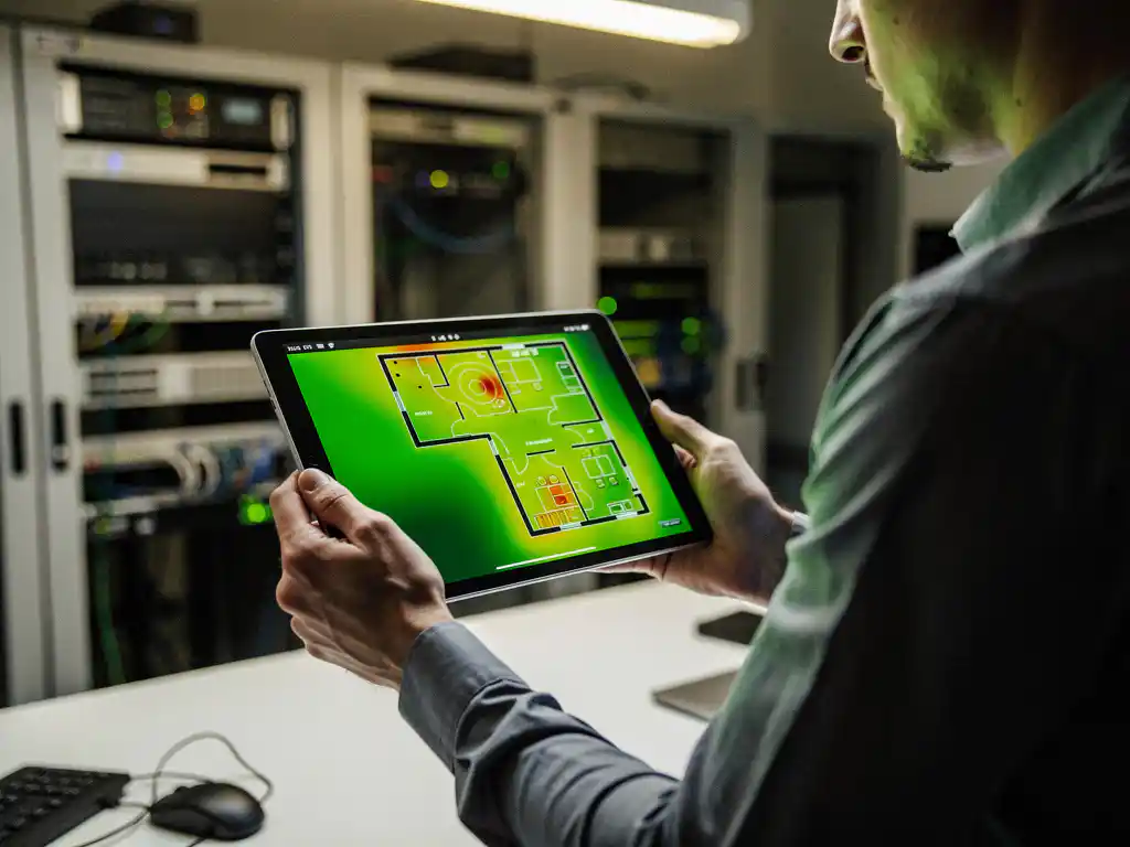 Netwerkingenieur houdt tablet met groene heatmap-patronen op moderne kantoorplattegrond, serverapparatuur op achtergrond