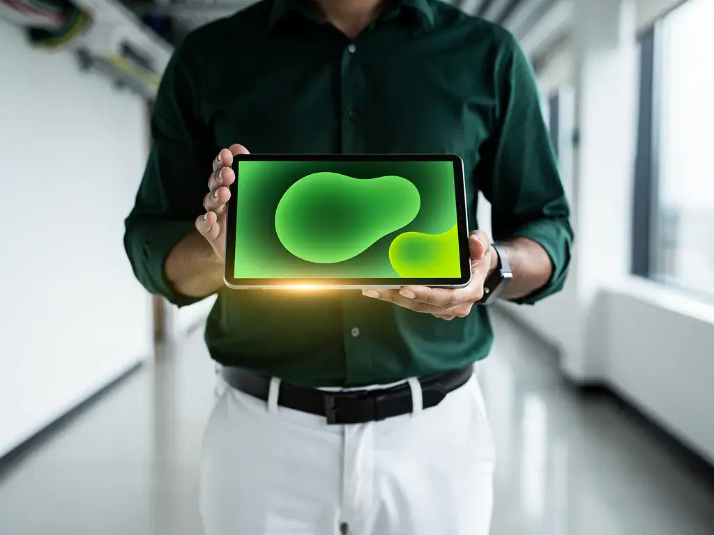 Netwerkingenieur toont tablet met kleurrijke heatmap in moderne kantoorgang met kabelbeheersystemen