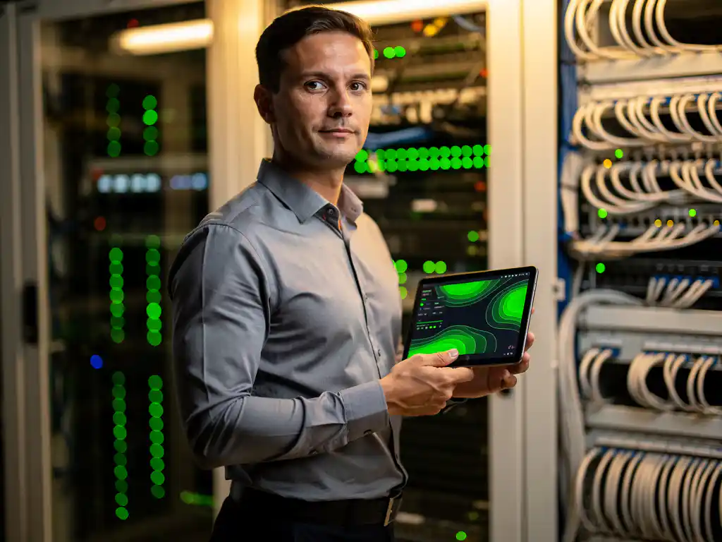 Netwerkingenieur met tablet die signaalsterkte patronen toont in moderne serverruimte met groene LED-verlichting