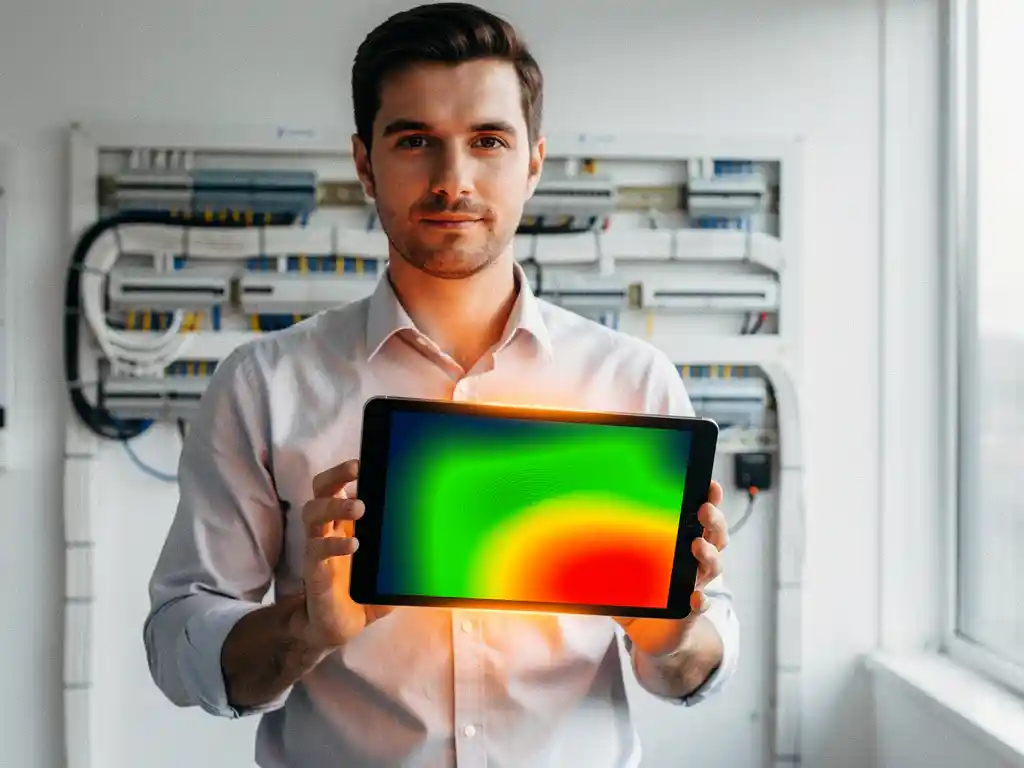 Netwerkingenieur houdt tablet met kleurrijke heatmap in groen en rood in moderne kantooromgeving met kabelbeheersystemen