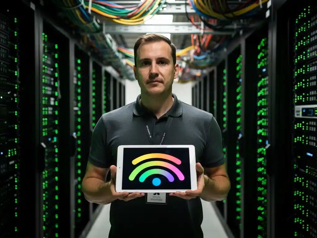 Netwerk engineer met tablet toont wifi signaalsterkte visualisatie in moderne serverruimte met groene LED-lichten