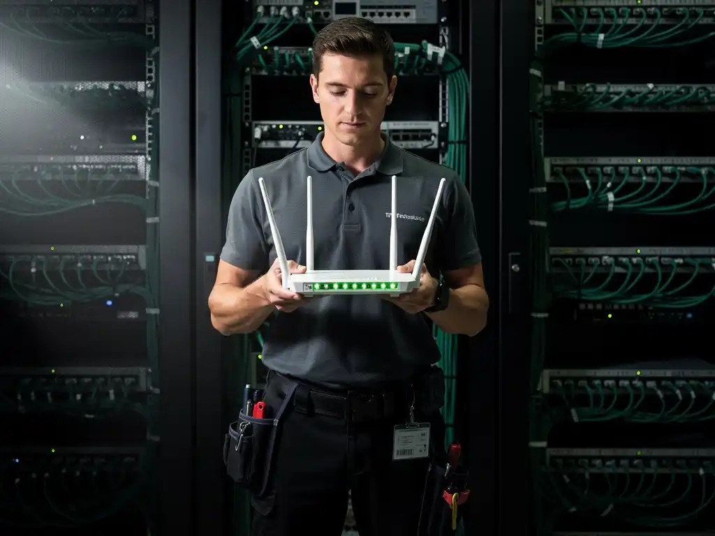 Netwerktechnicus houdt witte draadloze router met groene LED-indicatoren vast in moderne serverruimte met georganiseerde kabels