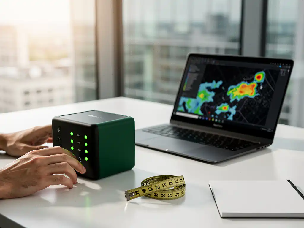 WiFi-analyseapparaat met groene LED-indicatoren naast laptop met netwerkdekkingskaarten op wit bureau in modern kantoor