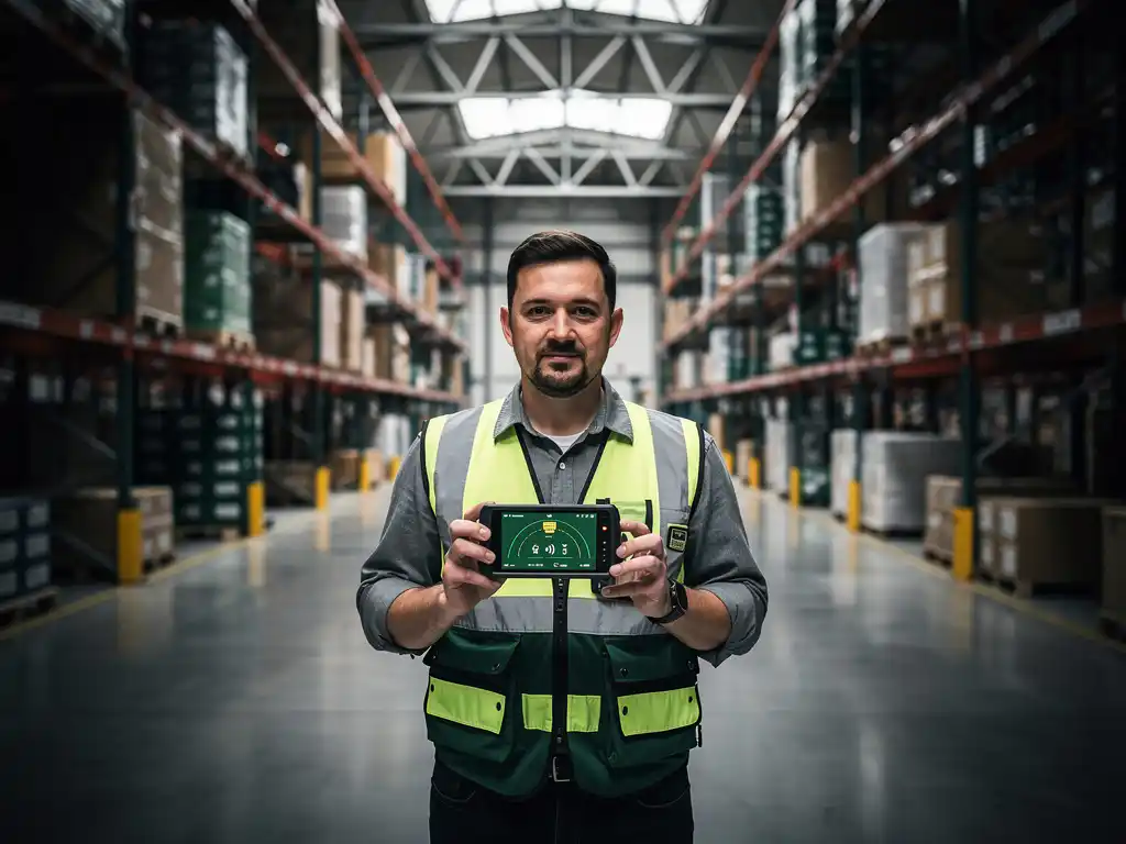 Netwerkengineer met WiFi-analyzer in moderne distributiecentrum met hoge stellingen en industriële verlichting
