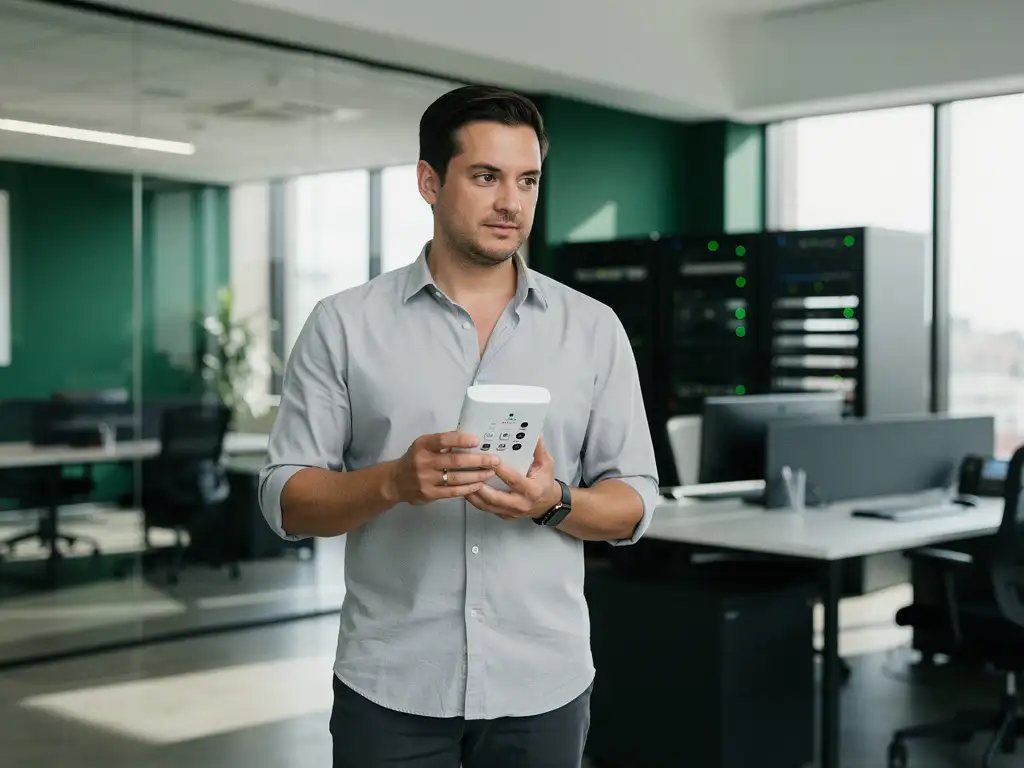 Professionele technicus met witte WiFi-analyzer meet signaalsterkte in modern kantoor met groene LED-indicatoren op netwerkapparatuur