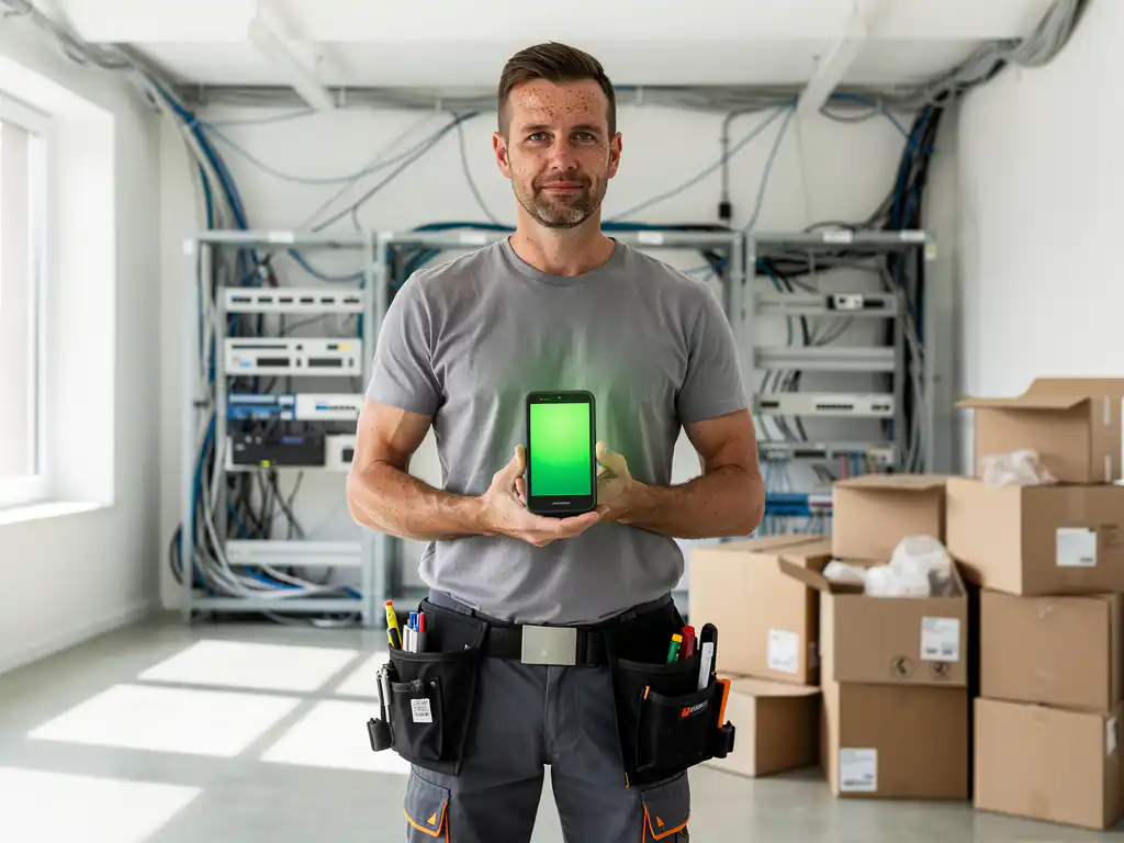 Technicus houdt wifi analyzer vast in moderne kantoorruimte met verhuisdozen en netwerkapparatuur