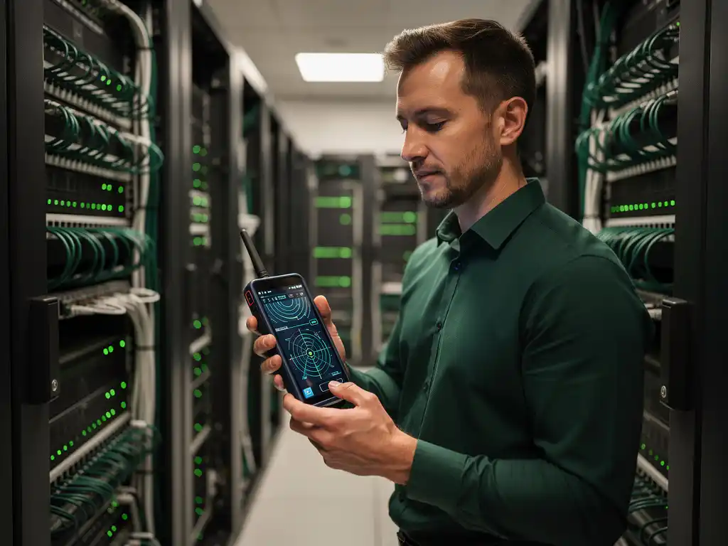 Netwerkingenieur houdt wifi analyzer vast in moderne serverruimte met groene LED-verlichting en georganiseerde ethernetkabels