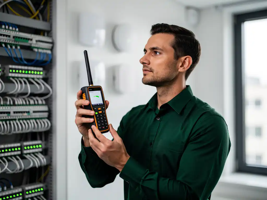 Netwerktechnicus met wifi-analyzer apparaat meet signaalsterkte in modern kantoor met groene LED-indicatoren op netwerkapparatuur