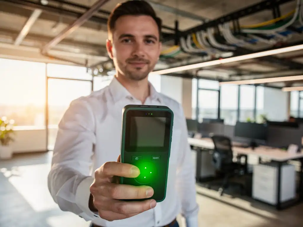 Netwerkingenieur meet wifi-signaalsterkte met professionele analyzer in modern kantoor met zichtbare plafondinfrastructuur