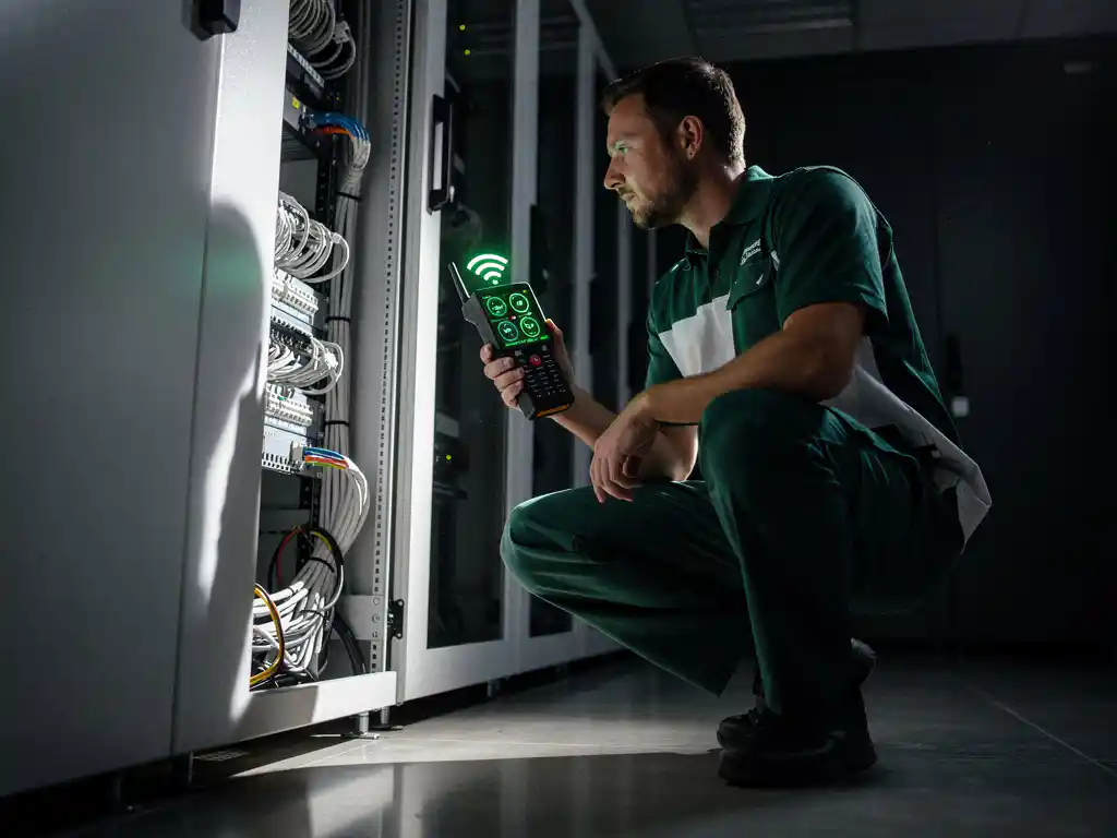 Netwerktechnicus met WiFi-analyzer bij witte serverrack in modern datacenter, groene signalindicatoren zichtbaar