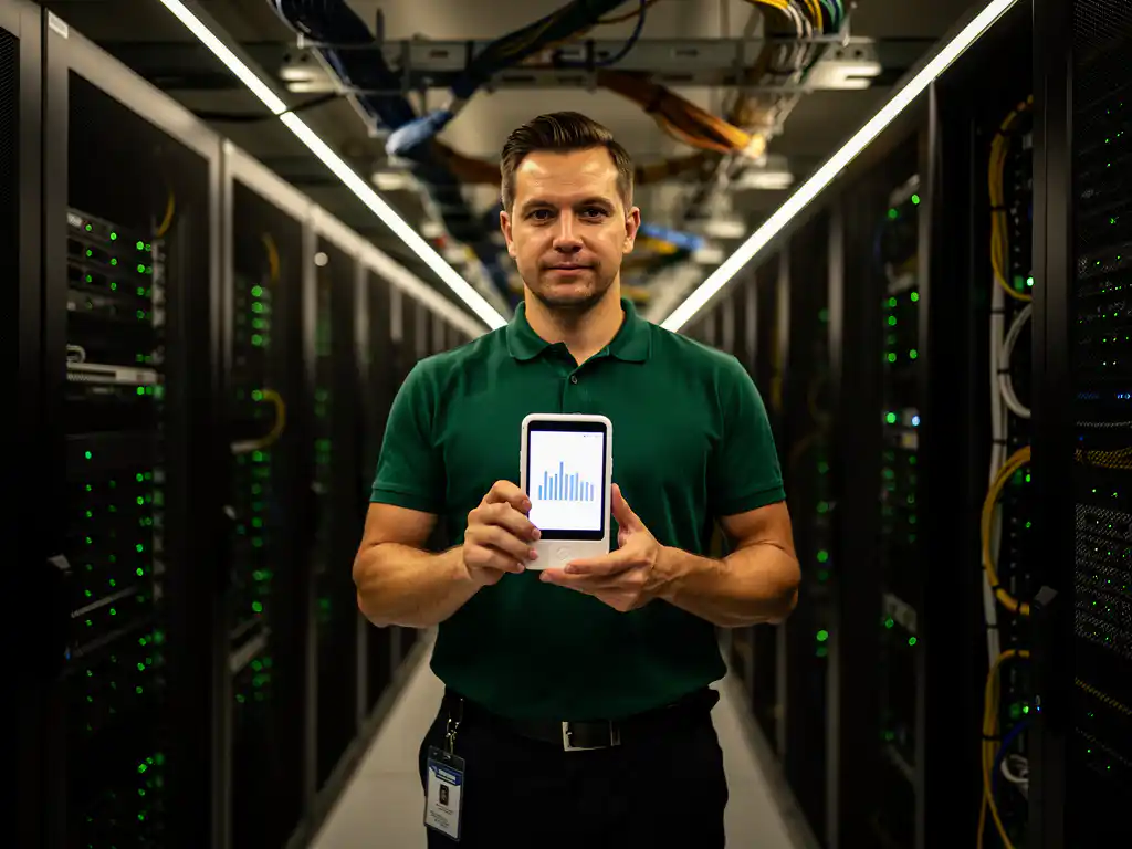 Netwerktechnicus houdt witte WiFi analyzer vast in moderne serverruimte met groene LED-verlichting en georganiseerde ethernetkabels