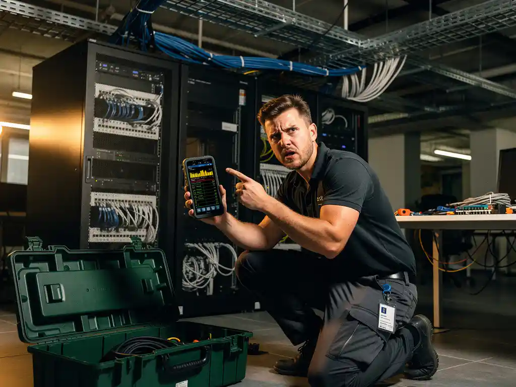 Netwerktechnicus met WiFi analyzer toont foutmetingen in modern kantoor met ethernet kabels en serverracks