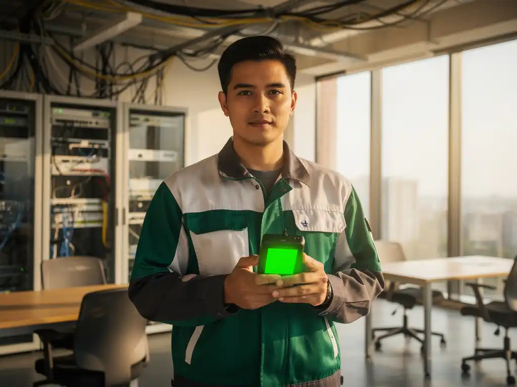 Technicus houdt WiFi-analyzer met groene display vast om signaalsterkte te meten in modern kantoor met netwerkuitrusting
