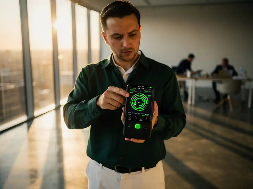 Professionele technicus houdt WiFi-analyseapparaat met groene LED-indicatoren vast om signaalsterkte te meten in modern kantoor