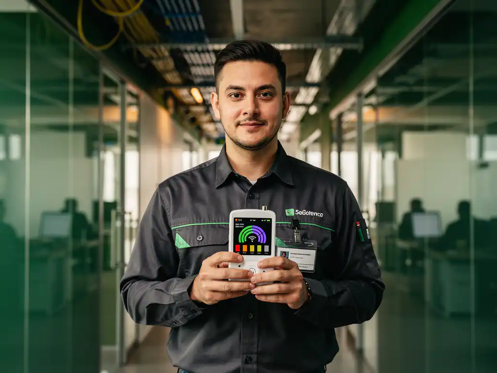 Technicus houdt witte wifi analyzer vast met signaalsterkte metingen in moderne kantoorgang met glazen wanden