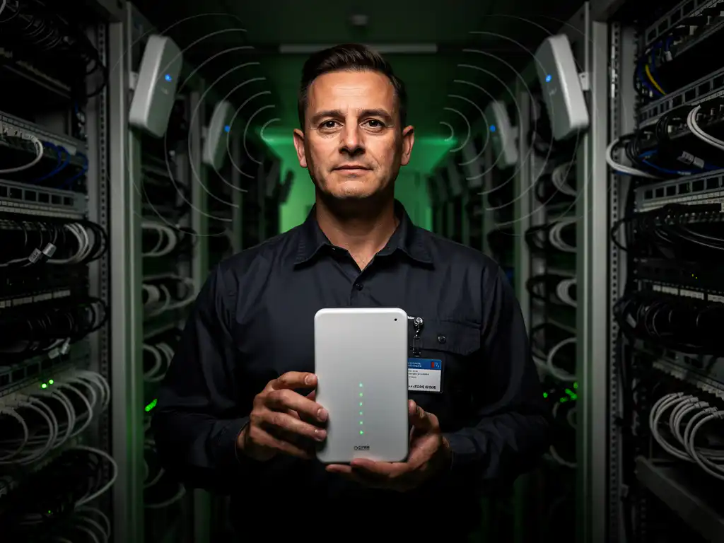 Technicus houdt witte WiFi-analyzer met groene LED-indicatoren vast in moderne serverruimte met netwerkequipment