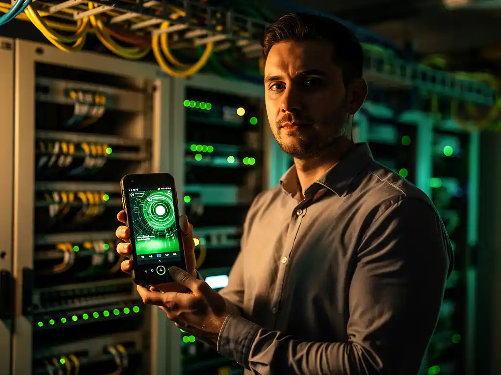 Technicus houdt WiFi-analyzer vast in moderne serverruimte met groene LED-verlichte netwerkapparatuur en georganiseerde kabels