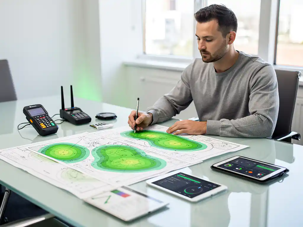 Netwerkengineer bestudeert WiFi-dekkingsgrafieken met groene signaalsterktesindicatoren op glazen vergadertafel
