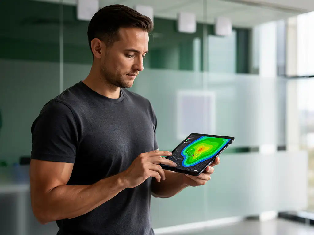 Netwerkengineer met tablet toont WiFi-dekking heatmap in modern kantoor met draadloze toegangspunten aan plafond