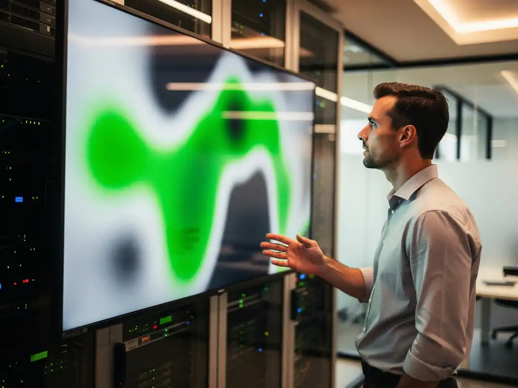 Netwerkengineer analyseert WiFi-dekkingskaart op wandmonitor met groene zones voor sterke signaalsterkte in moderne telecommunicatiekantoor