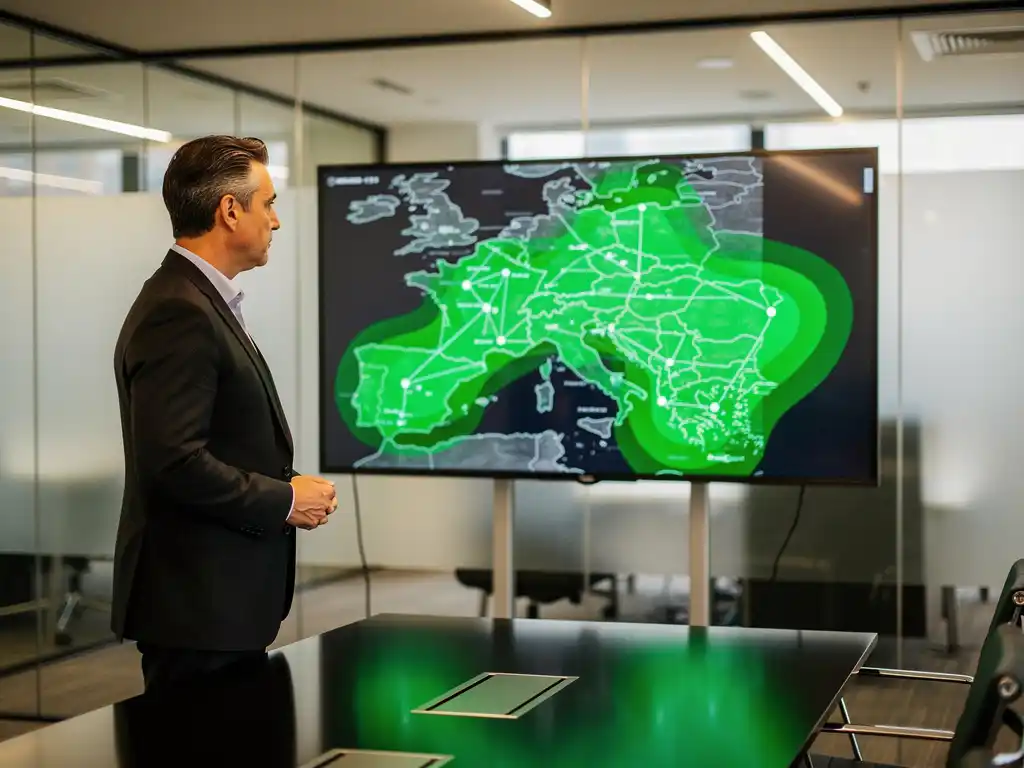 Zakelijke executive bestudeert wifi-dekkingskaart op wandmonitor in moderne glazen vergaderruimte